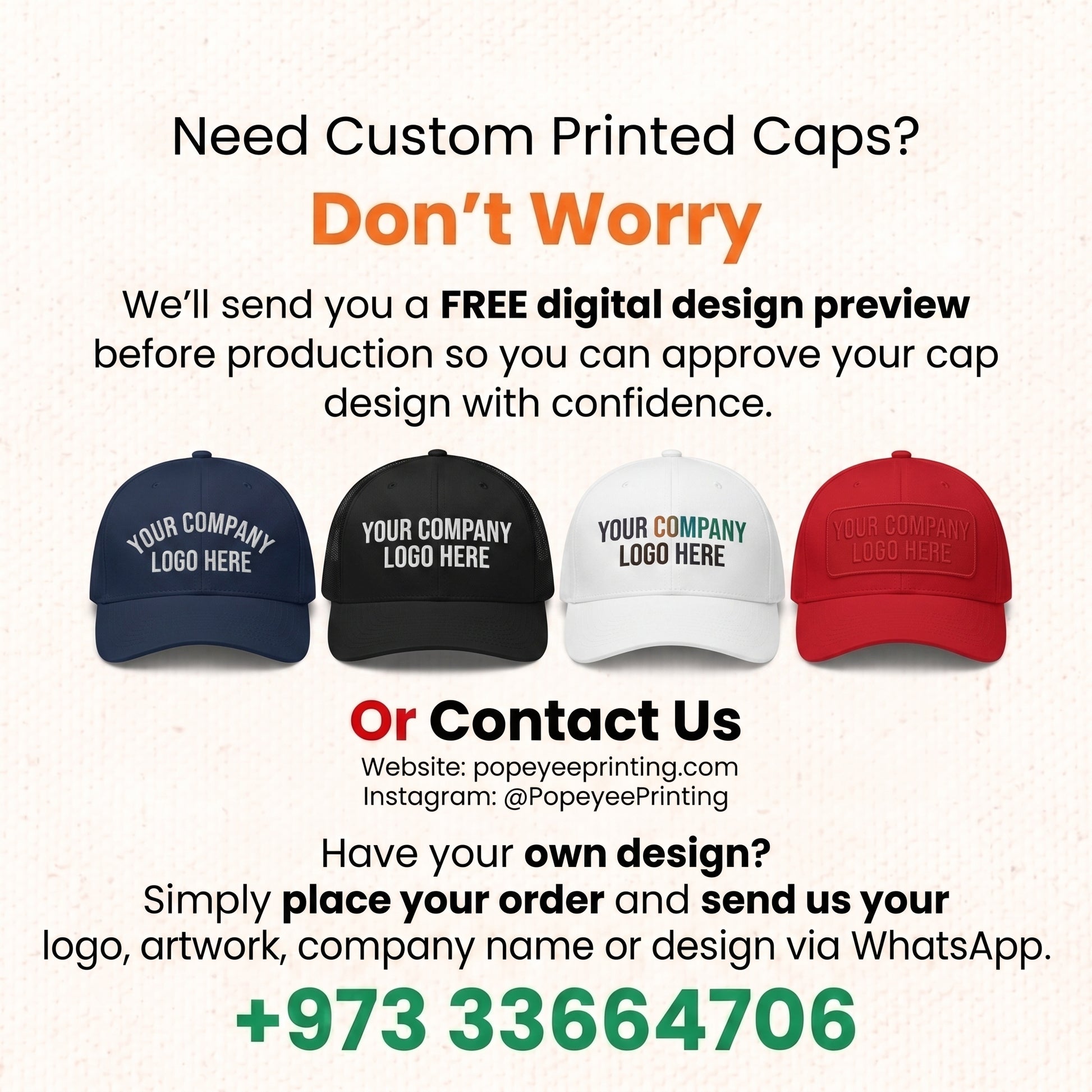 Custom cap printing Bahrain DTF logo print